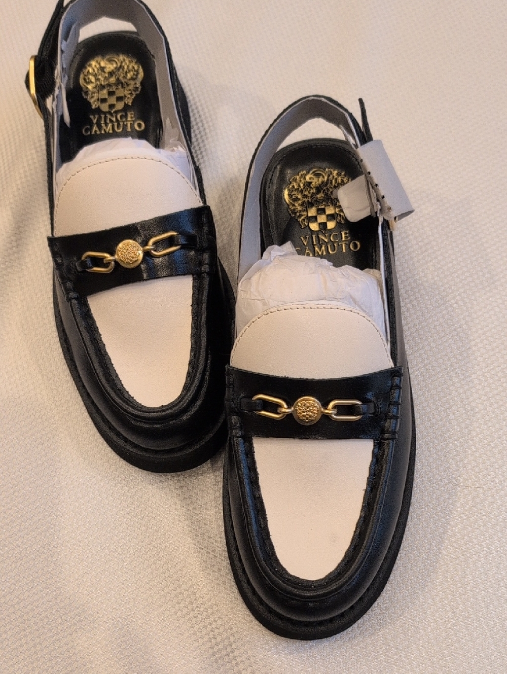 Vince Camuto Black & White Loafer Slingback with Gold Chain